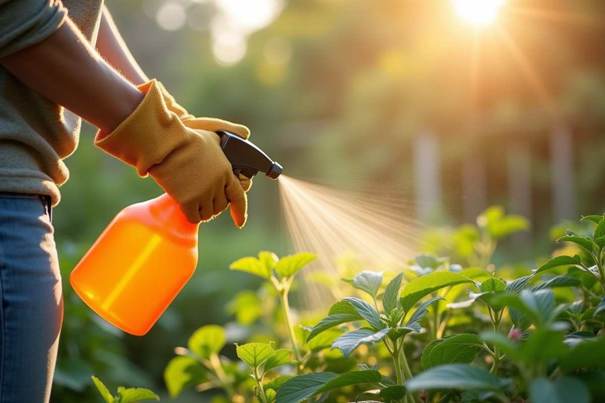 Personne pulvérisant un désherbant naturel dans le jardin