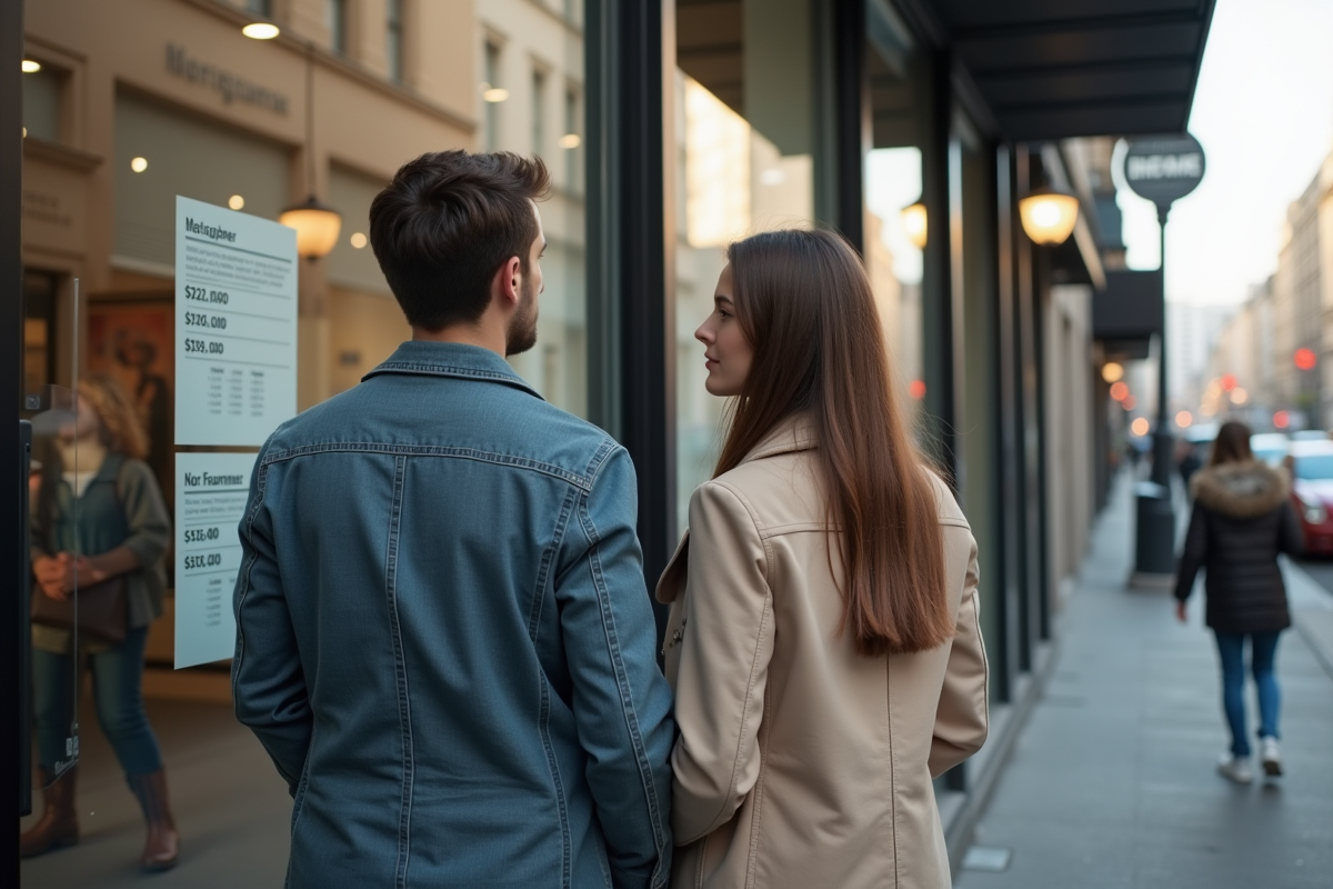 Jeune couple regardant les taux de prêt immobilier devant une agence