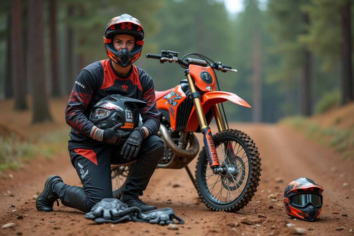 Jeune homme motocross avec casque et vélo en nature