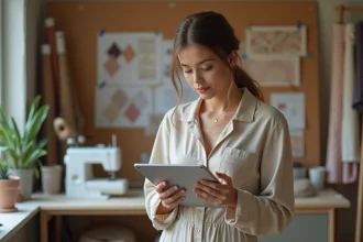 Jeune designer textile en jumpsuit écologique examine un échantillon