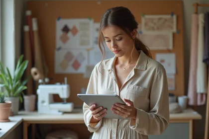 Jeune designer textile en jumpsuit écologique examine un échantillon