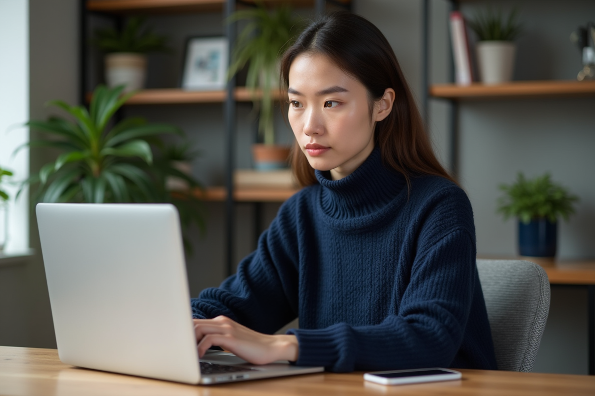 Jeune femme concentrée dans son bureau moderne