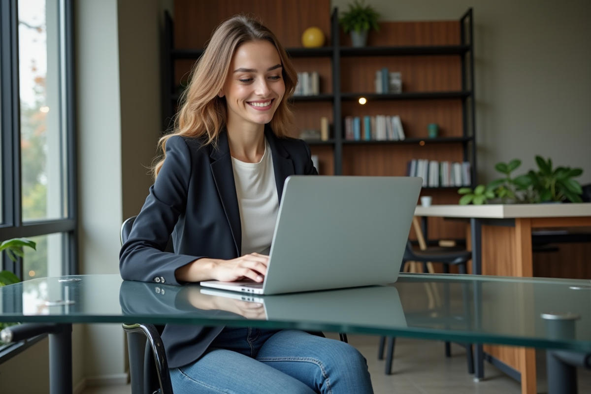 Jeune femme en blazer au bureau souriante et optimiste