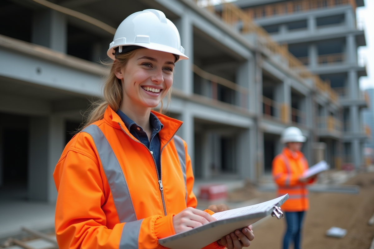 Jeune ingénieure en extérieur sur un chantier actif