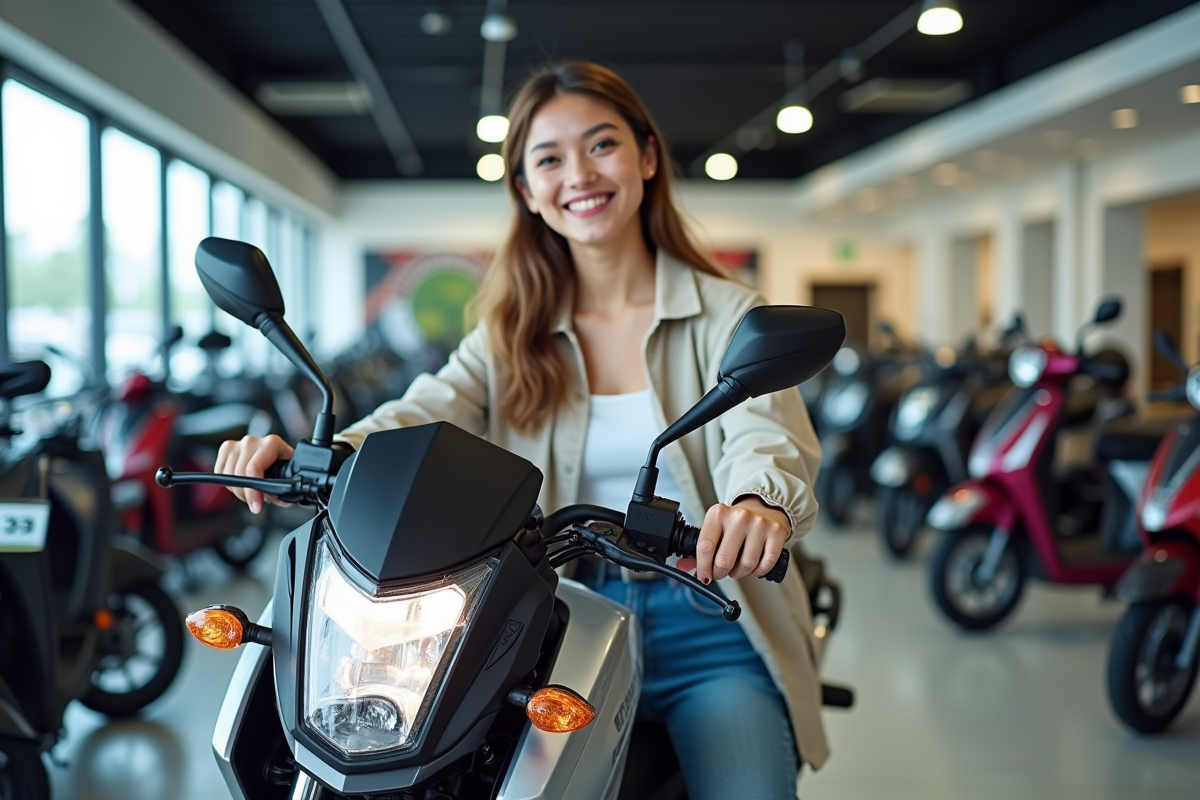 Jeune femme dans showroom avec Honda Dax 125 neuve