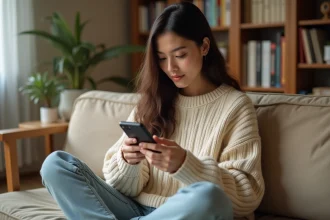 Jeune femme lisant un webtoon sur son smartphone dans un salon cosy, découvrant les manhwa en format vertical