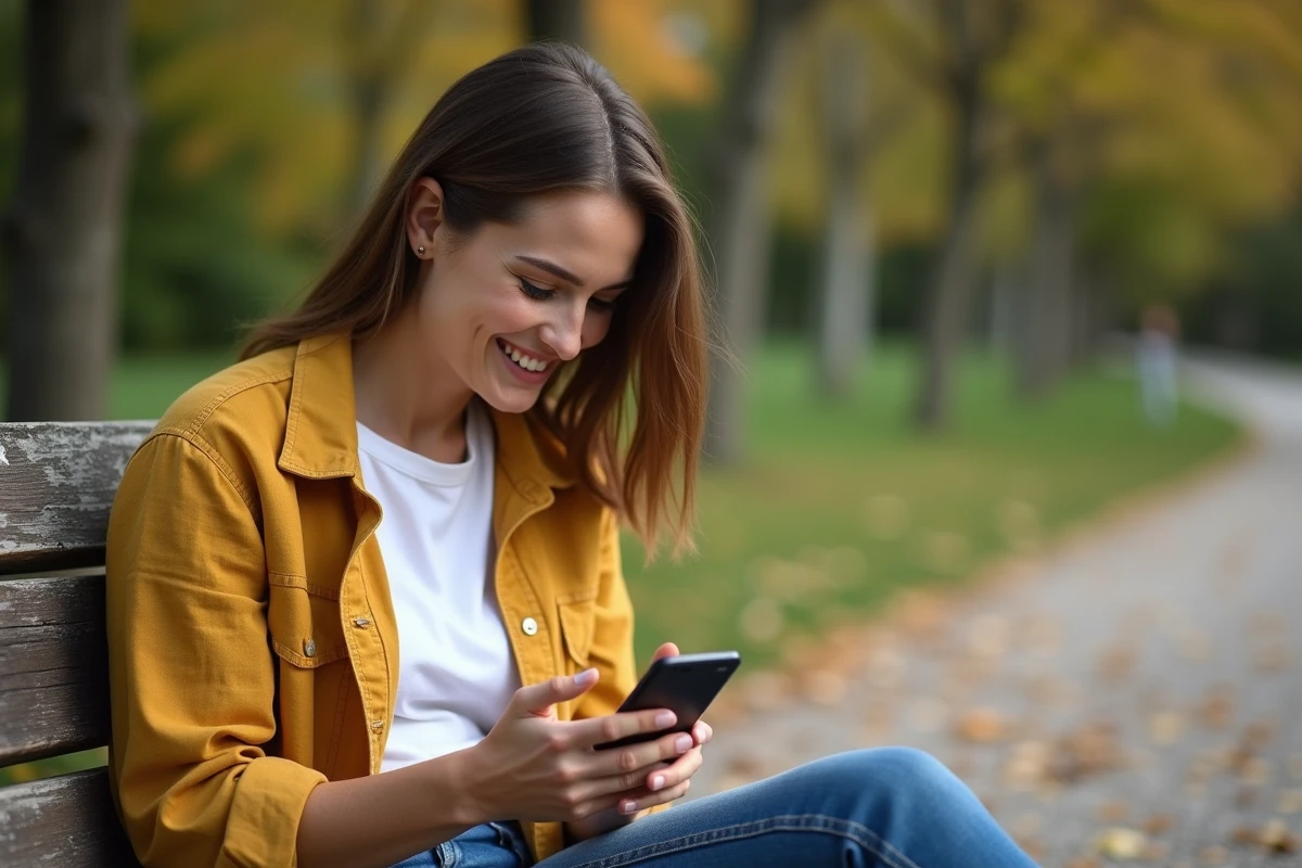 Jeune femme souriante lisant ou écrivant un message sur son téléphone assise sur un banc dans un parc urbain en automne