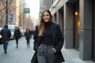 Jeune femme élégante en blazer dans une ville animée
