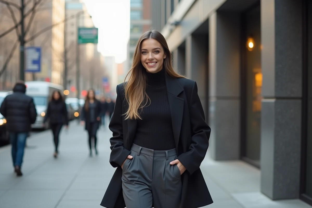 Jeune femme élégante en blazer dans une ville animée