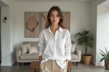 Jeune femme en tenue blanche dans un salon moderne