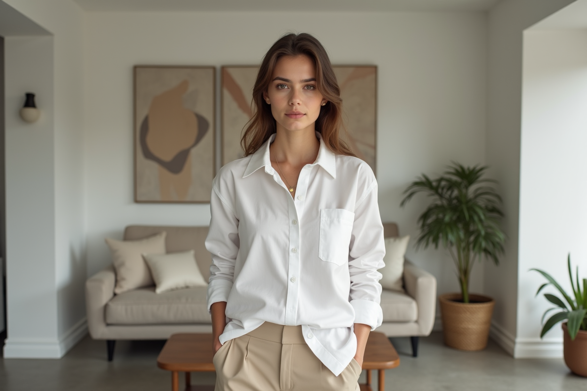 Jeune femme en tenue blanche dans un salon moderne