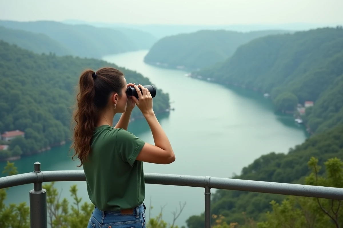 Jeune femme observant la rivière depuis un pont avec des jumelles