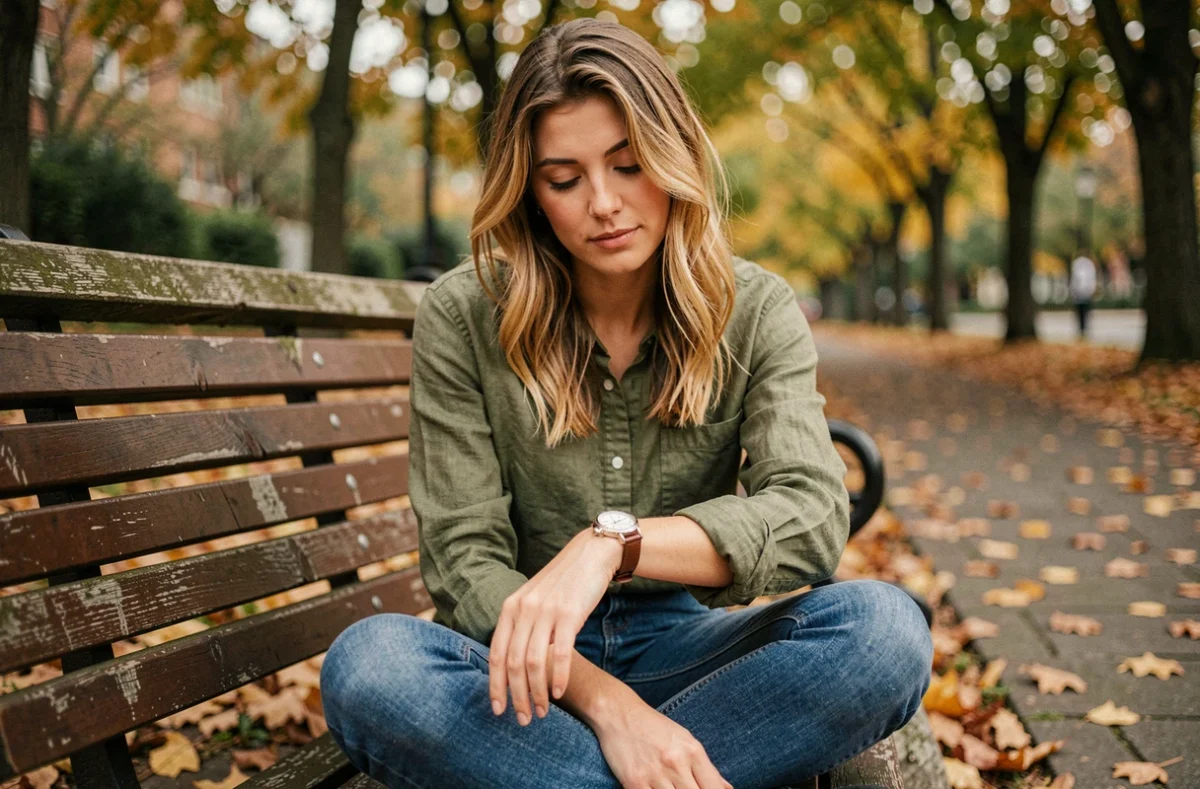 Jeune femme assise dans un parc en automne contemplant sa montre affichant 13h31, expression mélancolique face au signe de l'heure miroir