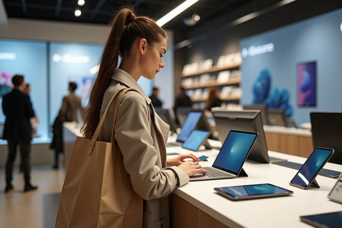 Jeune femme française regardant des gadgets technologiques