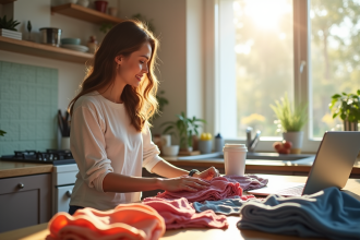Jeune femme triant des vêtements vintage colorés sur une table lumineuse