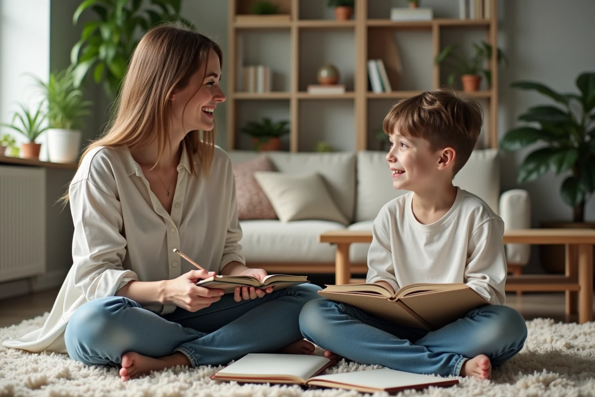 Jeune femme et garçon discutant avec des cahiers dans le salon