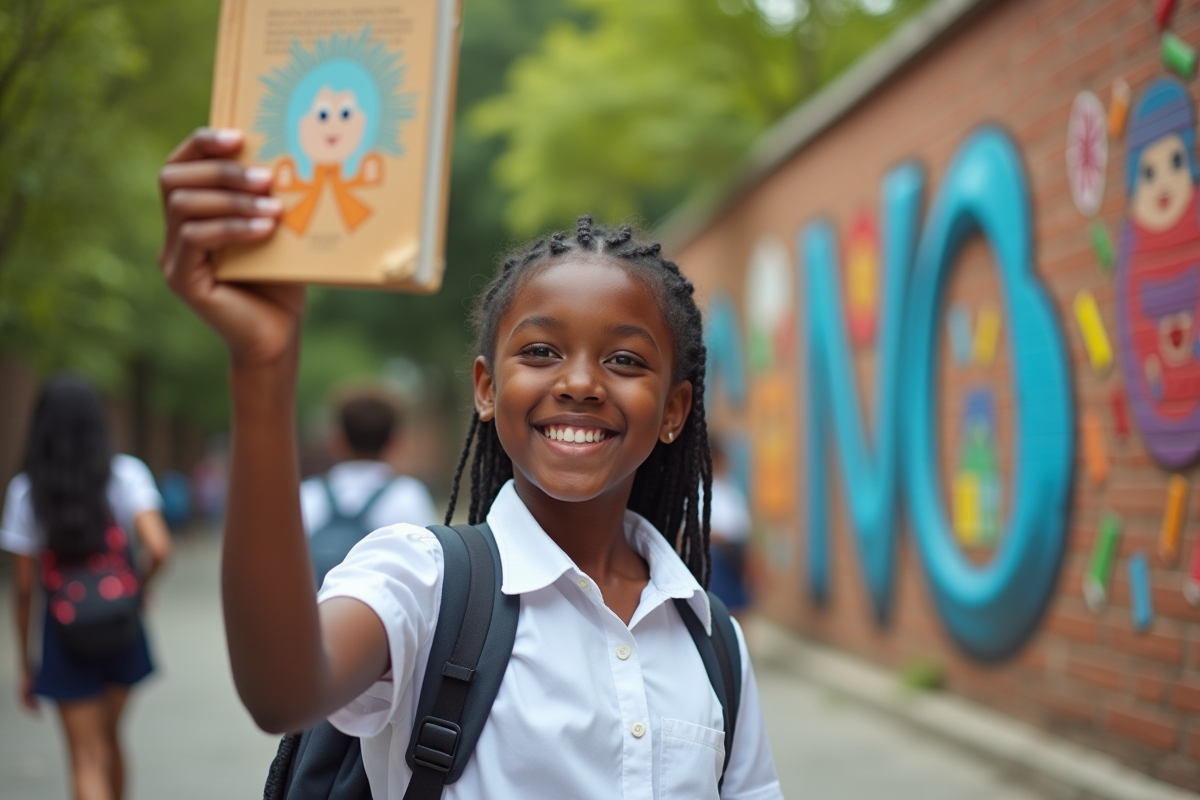 Jeune fille noire levant un livre dans une cour d