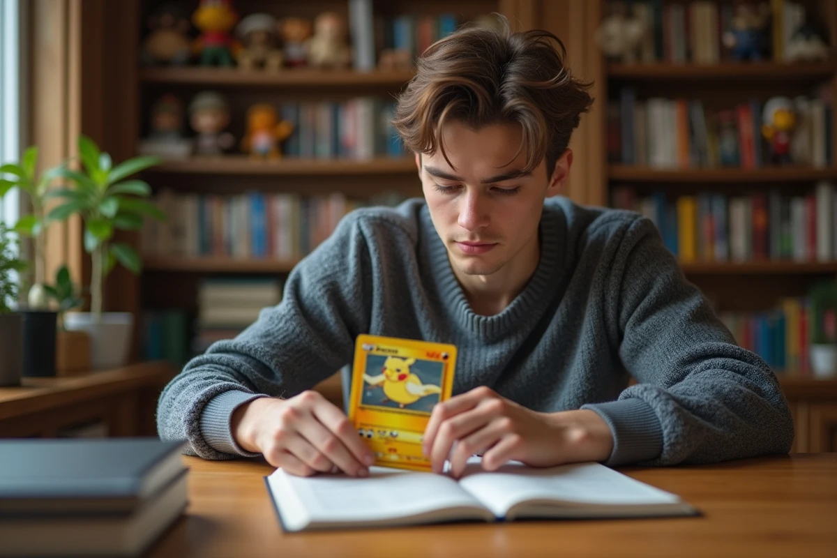 Jeune homme examine une carte Pokémon précieuse dans son bureau