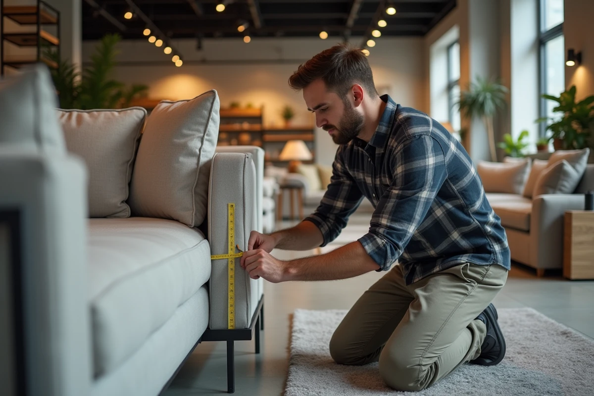 Jeune homme mesurant un canapé dans un magasin moderne