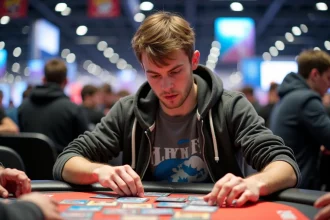 Jeune homme français arrangeant des cartes Pokémon lors d'un tournoi