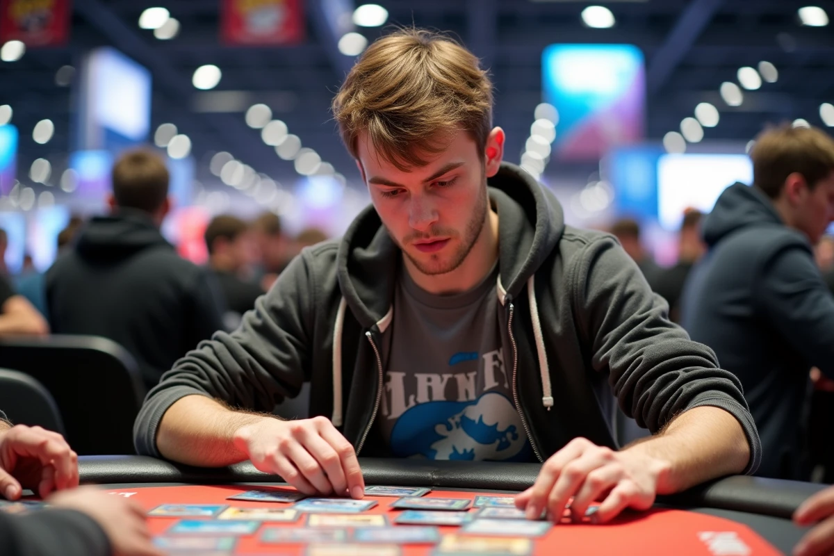 Jeune homme français arrangeant des cartes Pokémon lors d'un tournoi