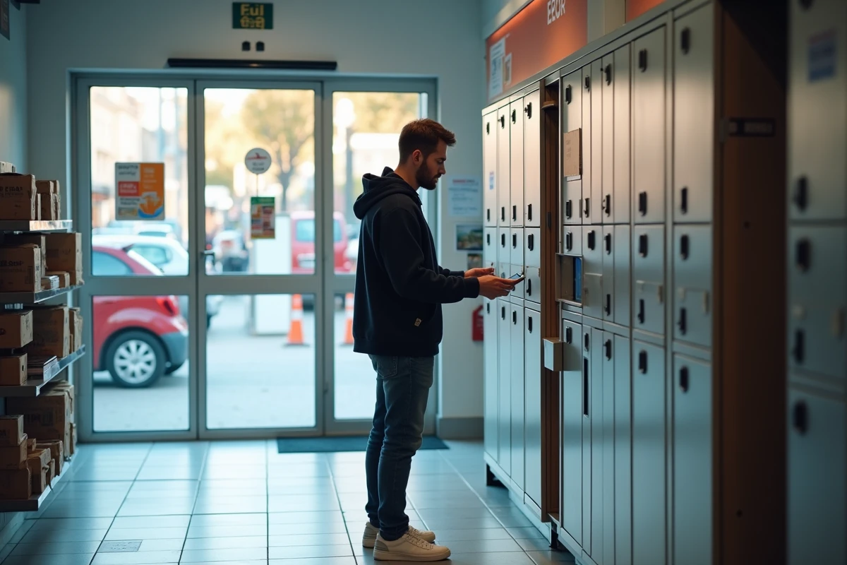 Jeune homme scanne un QR code dans un point de retrait