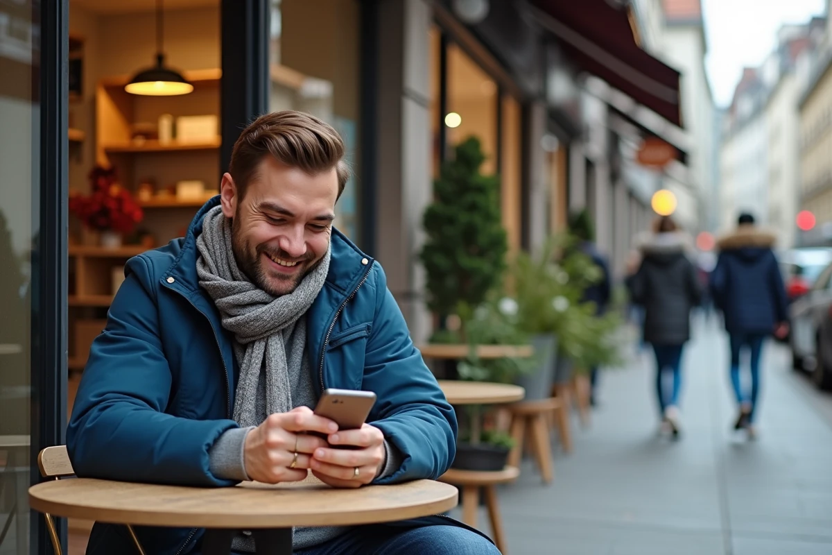 Jeune homme regardant bons de réduction devant magasin de meubles
