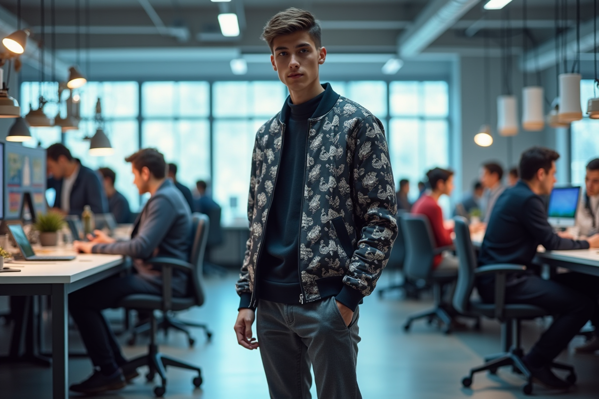 Jeune mannequin en vêtements futuristes dans un espace tech