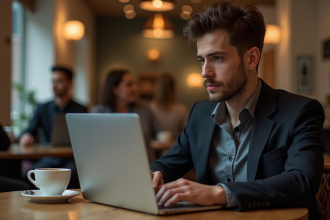 Jeune homme professionnel regardant des graphiques crypto sur son laptop