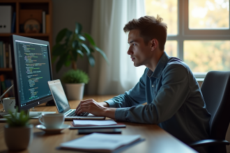 Jeune professionnel travaillant sur un code C au bureau