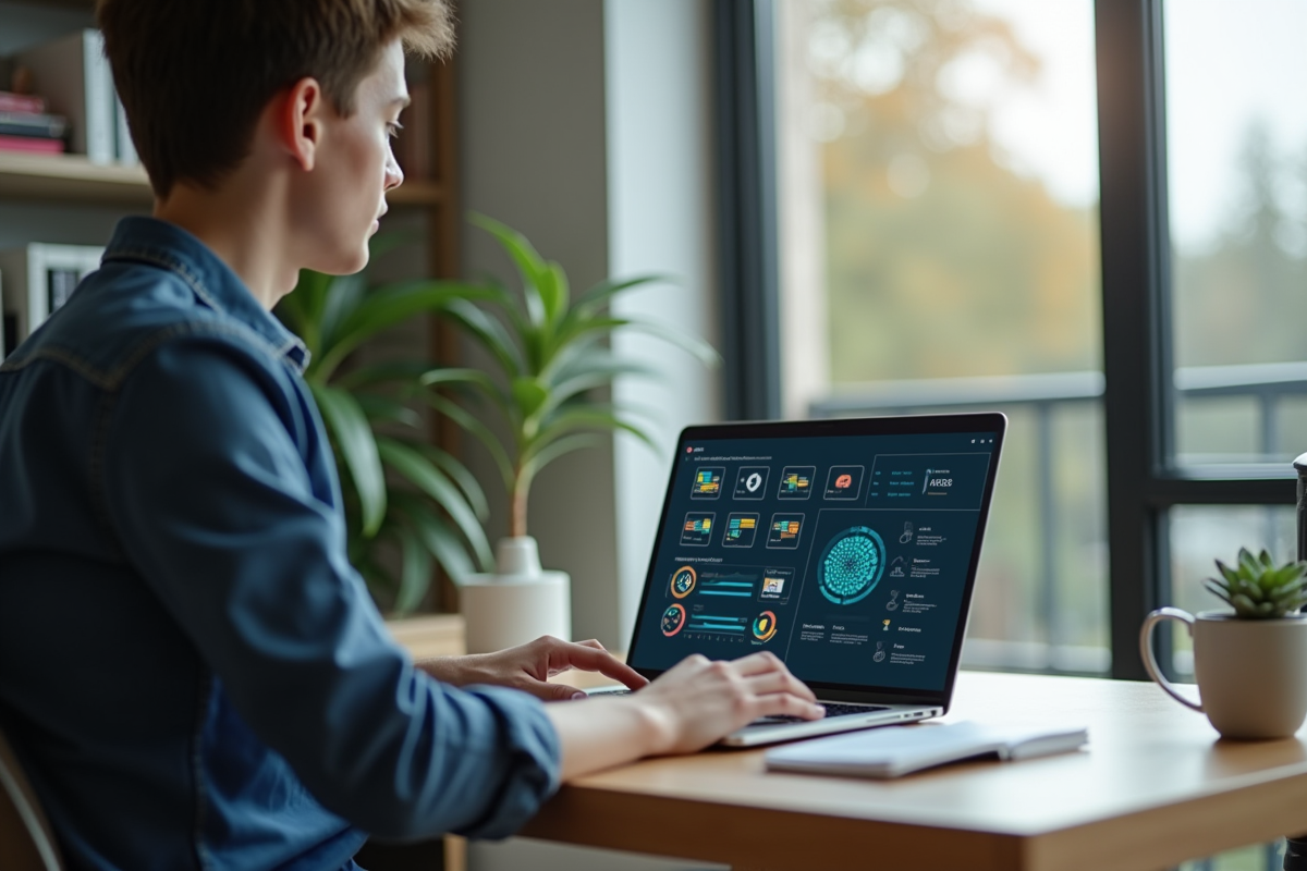 Jeune professionnel travaillant sur un ordinateur avec icônes AI