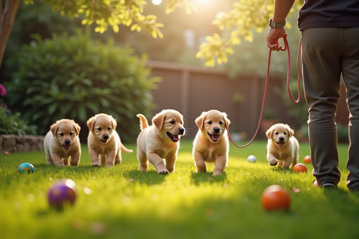 Jeunes golden retrievers jouant dans le jardin ensoleille