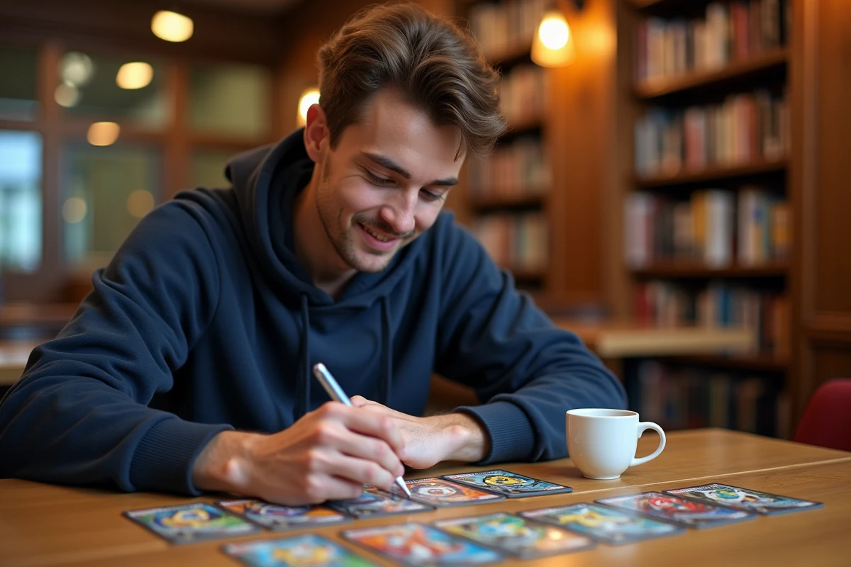Joueur adulte étudiant un deck Pokémon Pocket sur une table en bois dans un café de jeux de cartes