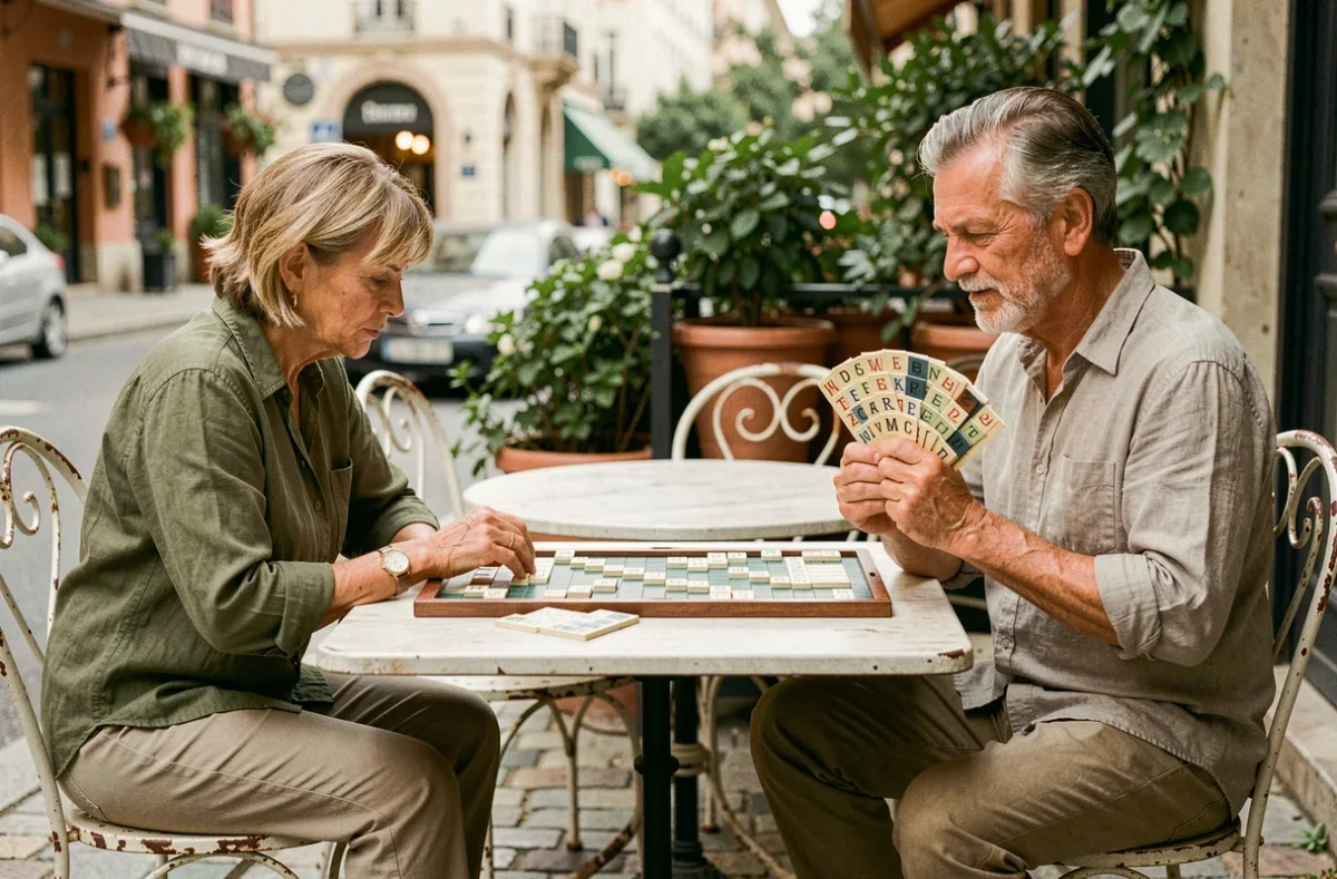 Deux joueurs de Scrabble en terrasse de café analysant le plateau de jeu pour trouver la meilleure anagramme possible