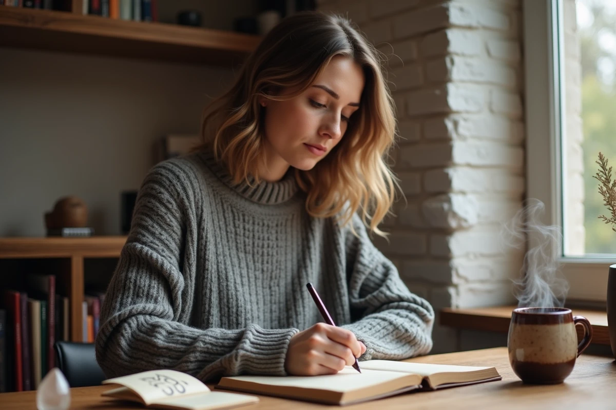 Femme pratiquant la journalisation spirituelle pour interpréter le signe 03h03 et accélérer sa guérison intérieure