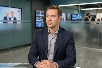 Journaliste de télévision français en studio de diffusion moderne, symbolisant l'évolution du paysage médiatique en 2026