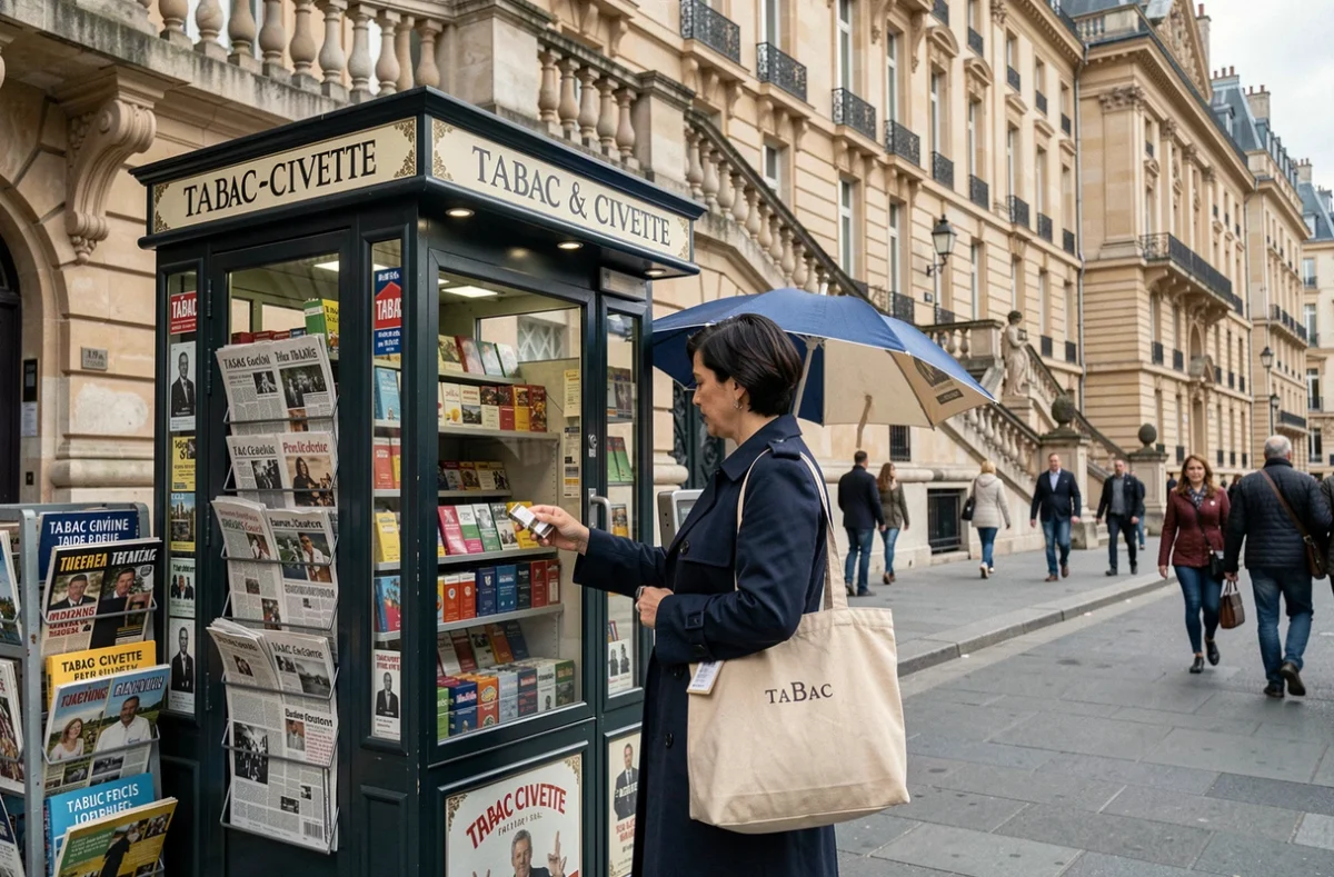 Femme achetant des cigarettes dans un kiosque civette proche d'un musée parisien sur un boulevard haussmannien