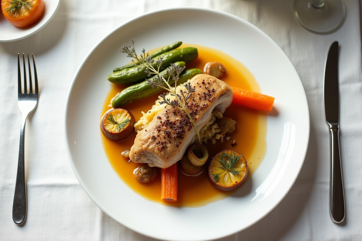 Assiette de lapin à la moutarde avec légumes rôtis
