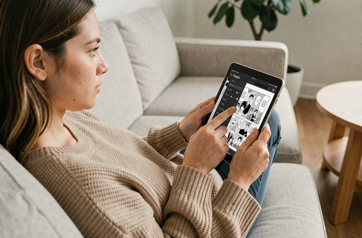 Jeune femme ajustant les réglages d'affichage manga sur une tablette depuis son canapé