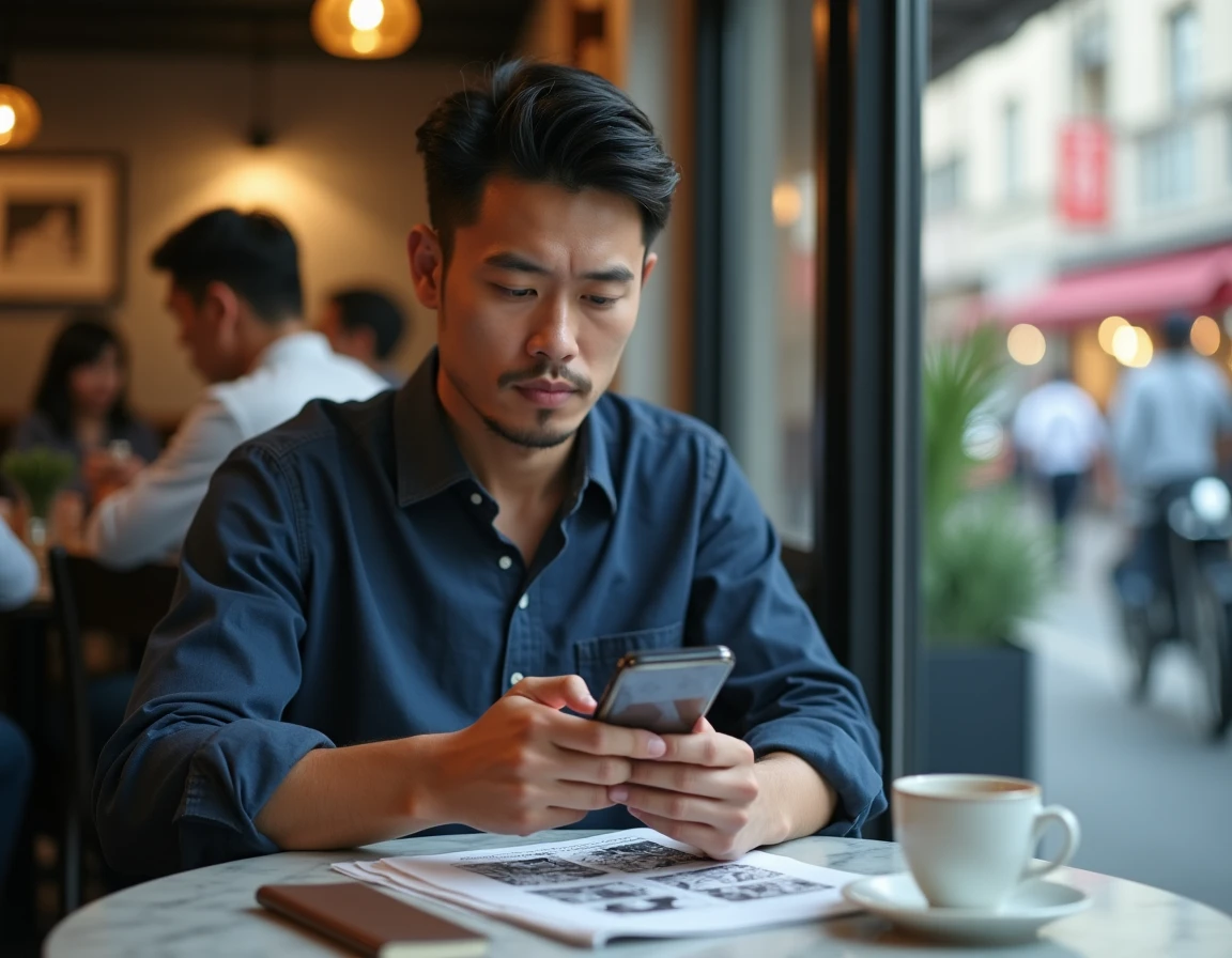 Homme lisant des scans manga sur smartphone dans un café, astuces pour une lecture fluide et sans publicité sur mobile