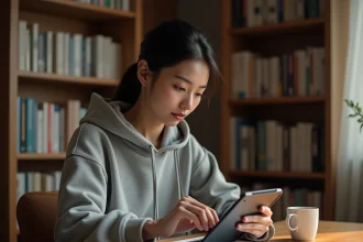Jeune femme lisant des scans manga sur une tablette dans un bureau cosy, illustration pour guide de lecture fluide sans publicité