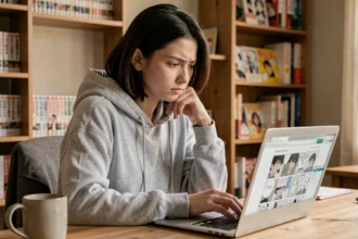Jeune femme lisant des scans de manga en ligne sur son ordinateur portable avec une expression pensiveuse, entourée de volumes de manga physiques