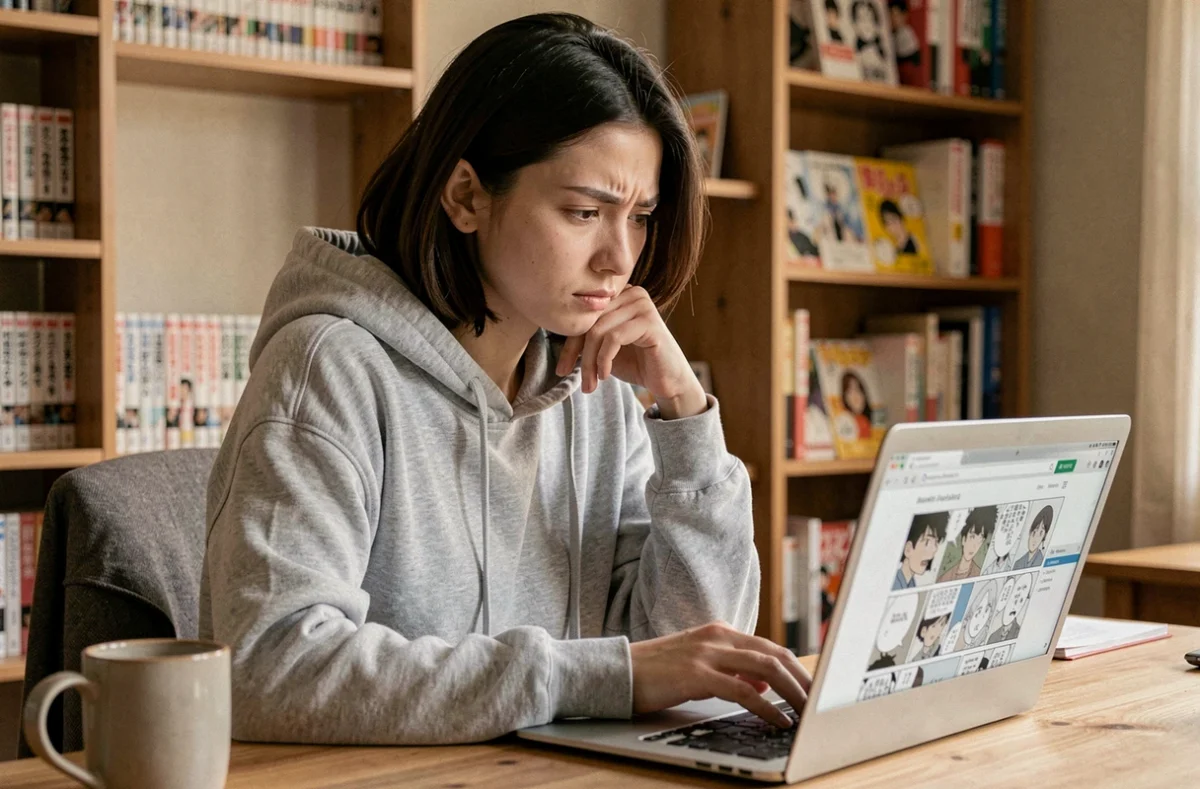 Jeune femme lisant des scans de manga en ligne sur son ordinateur portable avec une expression pensiveuse, entourée de volumes de manga physiques