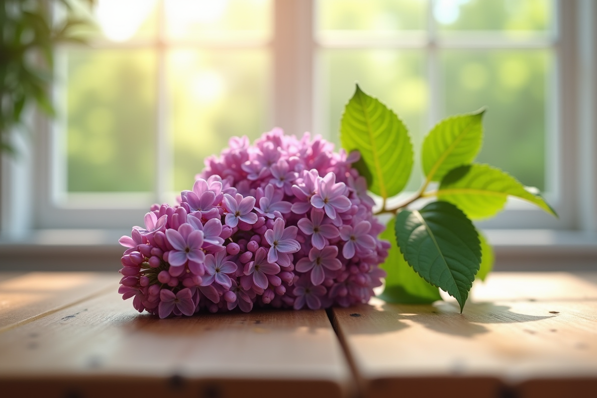 Lilas frais avec feuilles vertes et racines sur une table en bois