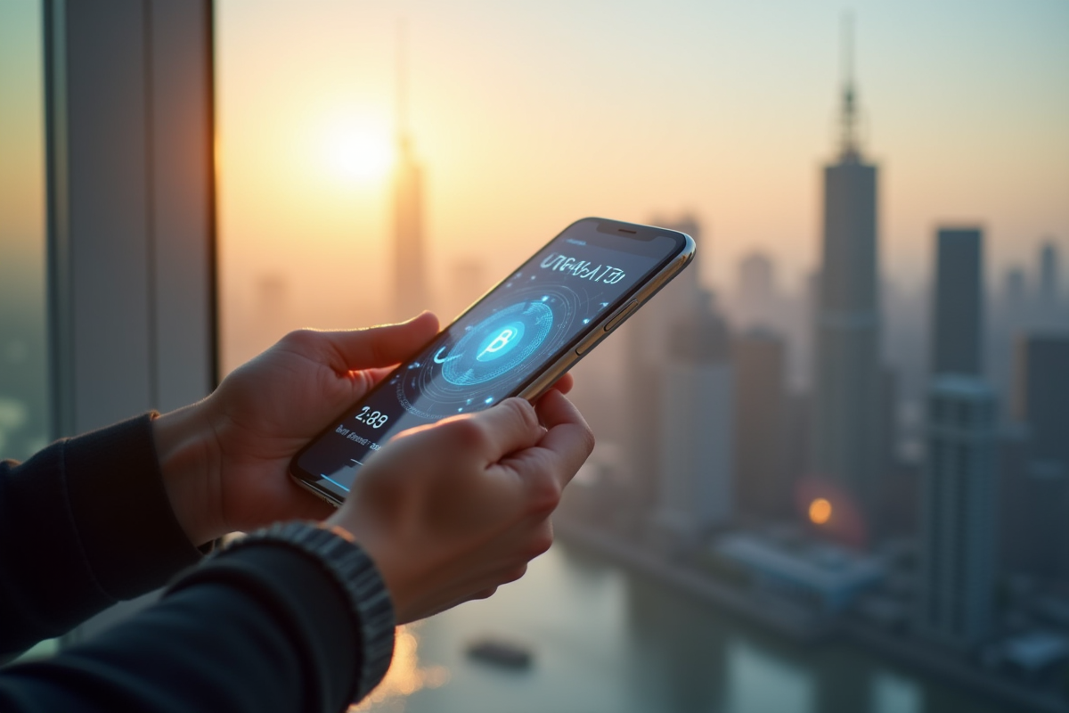 Main tenant un smartphone avec interface bancaire holographique