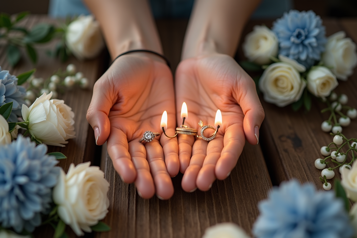 Mains tenant des anneaux avec bougies et fleurs pour anniversaire