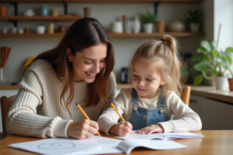 Maman et enfant dessinant ensemble à la maison