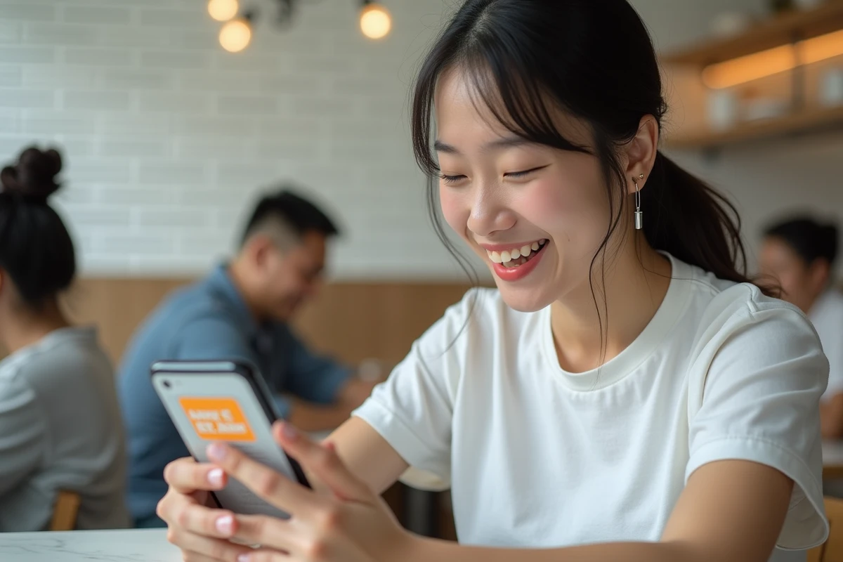 Femme lisant One Piece gratuitement sur l'application MANGA Plus by Shueisha sur son smartphone dans un café