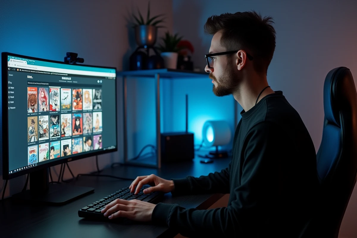 Homme face à un site miroir de scans manga avec un large catalogue et une bannière d'avertissement visible sur double écran