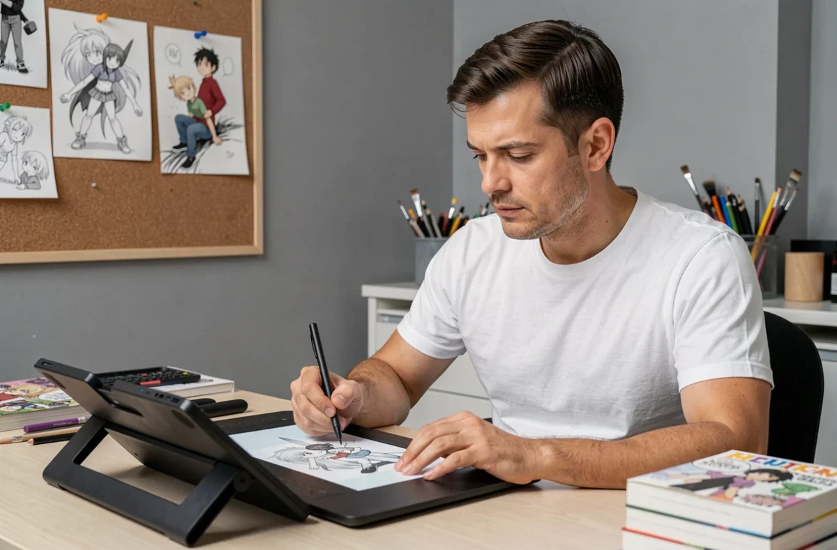 Auteur de manga masculin travaillant sur sa création numérique dans son studio, symbolisant le manque à gagner causé par les sites de scans non officiels